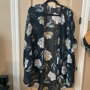 EMORY PARK Blue Floral Open Front Kimono Top Size Large Sheer Short Sleeve